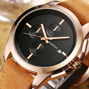 Montre-bracelet OCHSTIN GQ059A pour homme en cuir véritable, style décontracté, calendrier, montre à quartz