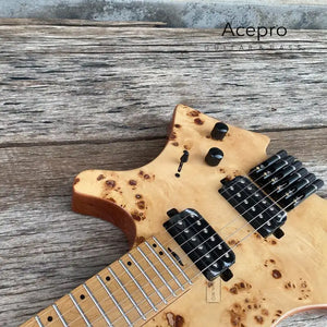 Acepro Natural Spalted Maple Top Headless Electric Guitar Stainless Steel Frets Roasted Maple Neck Black Hardware Guitarra - Artmusiclitte/Artmusics Relays -  - 