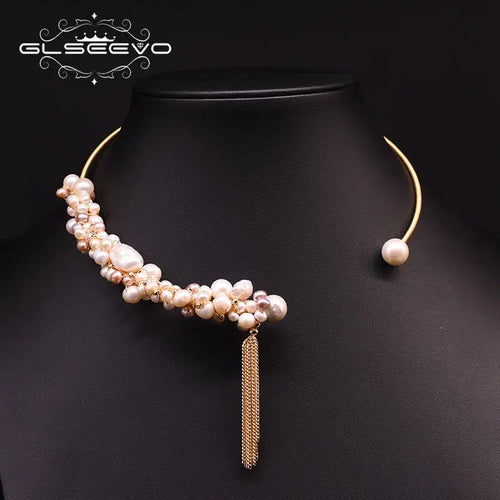 Natural Freshwater Pearl Tassel Choker Necklace For Women  Luxury Handmade Gold Plated Jewelry Custom Necklace - Artmusiclitte/Artmusics Relays -  - 