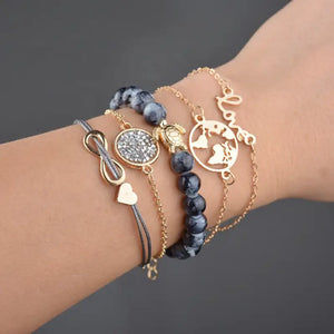 Women Bohemian world map Love Turtle Charm Bracelets Bangles Gold Color Strand Bracelets - Artmusiclitte/Artmusics Relays -  - 