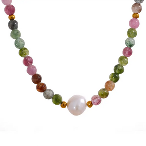 JINYOU 1164 Multicolor Natural Tourmaline Stone Pearl Semi-precious Bead Luxury Lady Necklace Handmade Stainless Steel Jewelry - Artmusiclitte/Artmusics Relays -  - 