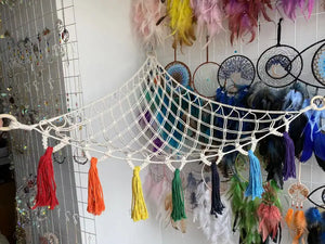 Boho Style Beige Handmade Woven Toy Storage With Beads Hanging Tassels Macrame Hammock - Artmusiclitte/Artmusics Relays -  - 