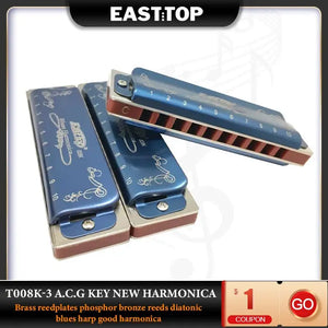 EASTTOP T008K-3 New Harmonica Brass Reedplates Phosphor Bronze Reeds Diatonic Blues Harp Good Harmonica - Artmusiclitte/Artmusics Relays -  - 