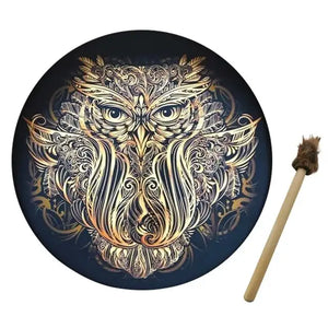 Tambour de chaman hibou créatif 25x25cm, avec bâton de tambour, basse de sibérien, son de dieu, Instrument de Percussion Portable fait à la main - Artmusiclitte/Artmusics Relays -  - 