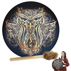 Tambour de chaman hibou créatif 25x25cm, avec bâton de tambour, basse de sibérien, son de dieu, Instrument de Percussion Portable fait à la main - Artmusiclitte/Artmusics Relays -  - 