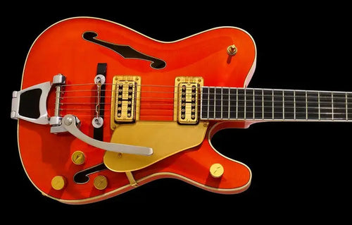 Hybird TeleGretscher Paul Waller Orange Red Jazz Tele Electric Guitar Semi Hollow Body, Double F Holes, Bigs Tremolo Bridge, Gold Sparle Pickguard - Artmusiclitte/Artmusics Relays -  - 